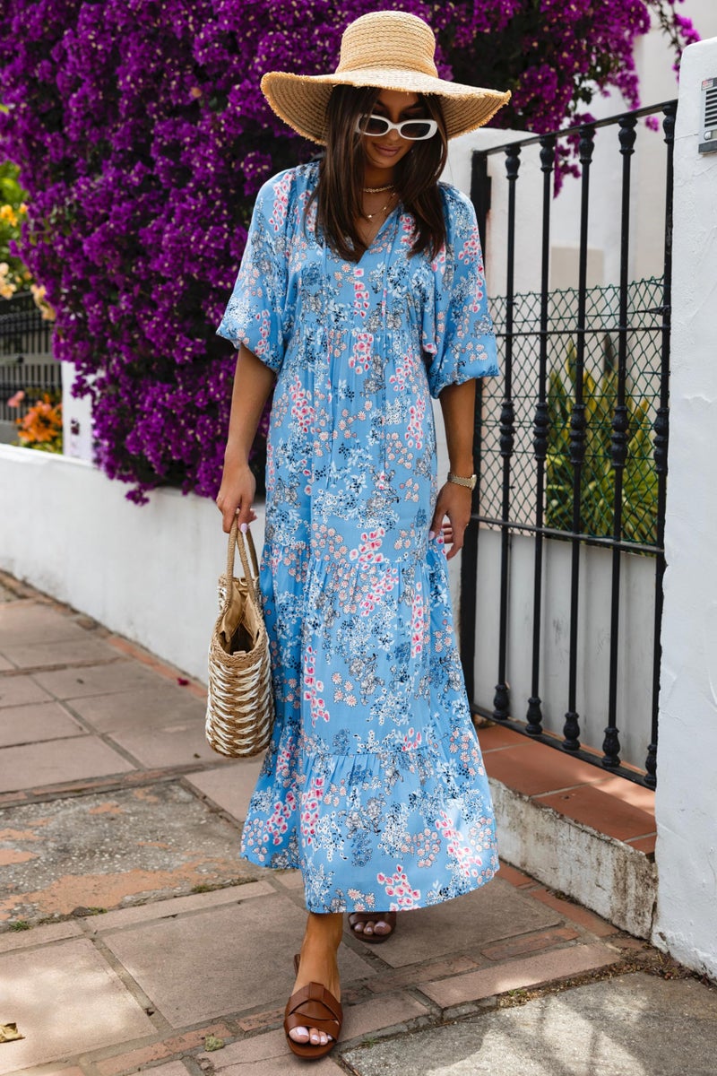 miduo Womens Maxi Dress Fashion V Neck Summer Short Sleeve Floral Bohemian Boho Beach Long Dresses Garden Dresses S - Image 3