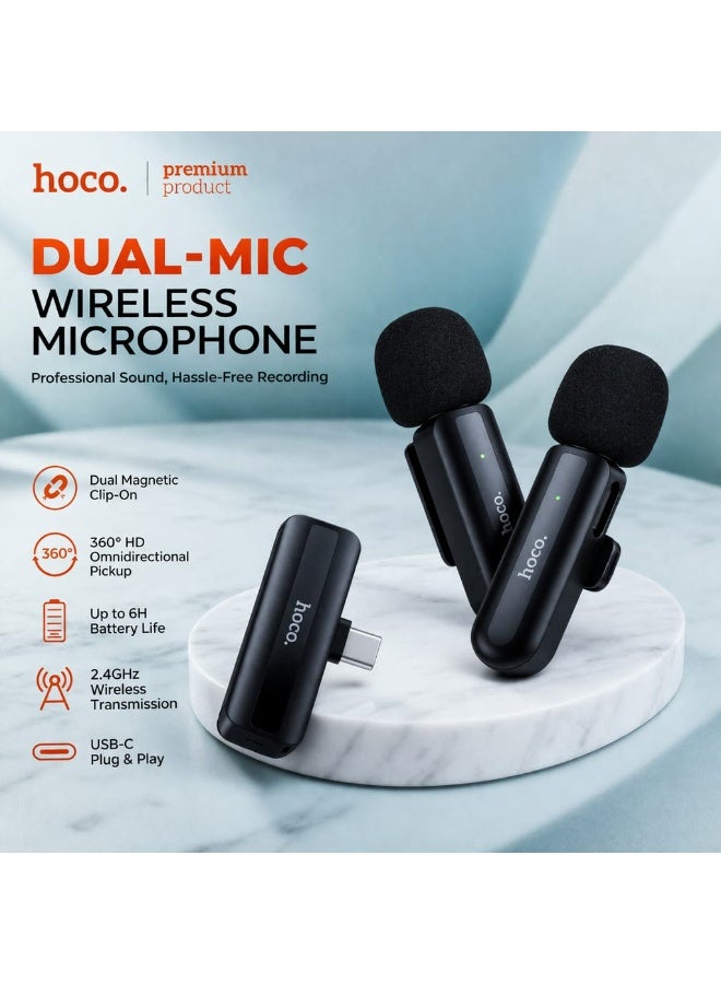هوكو ميكروفون لاسلكي مزدوج من Hoco - تقنية إلغاء الضوضاء (ENC) - صوت عالي الدقة 360 درجة - Image 3
