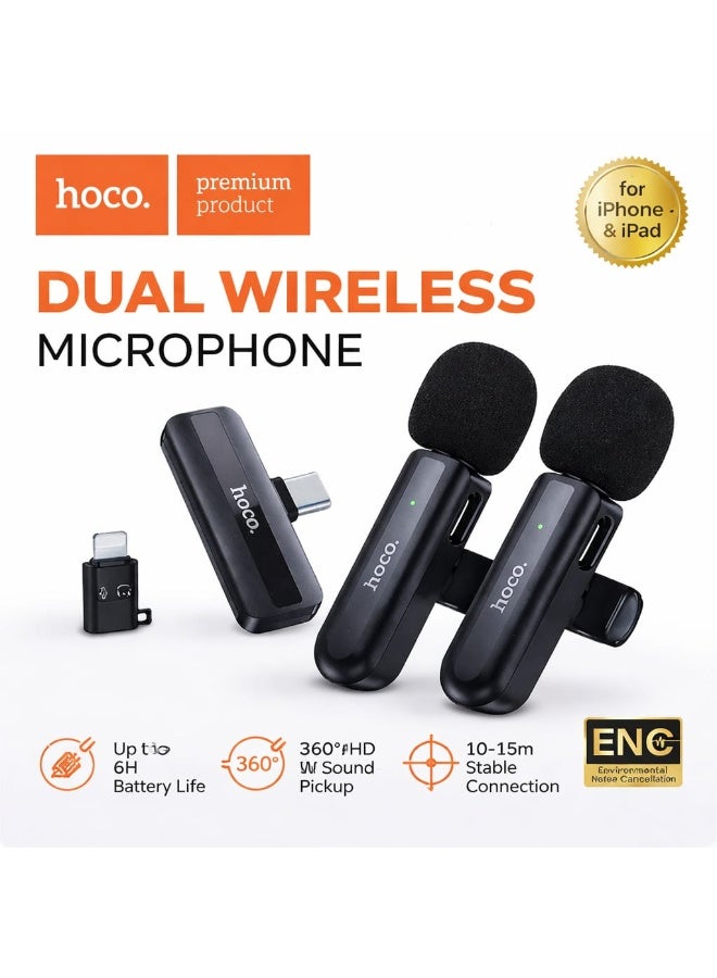 هوكو ميكروفون لاسلكي مزدوج من Hoco - تقنية إلغاء الضوضاء (ENC) - صوت عالي الدقة 360 درجة - Image 1