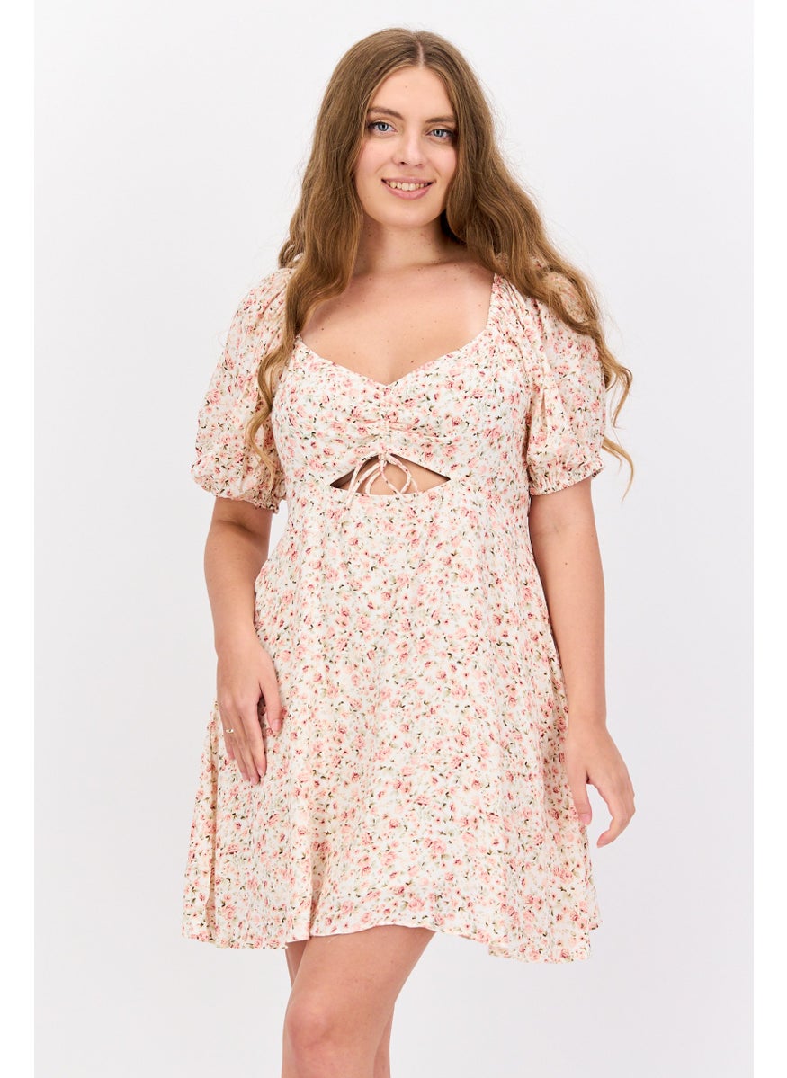 forever new Women Petite Floral Print Mini Dress, Pink/White Combo  - Image 1