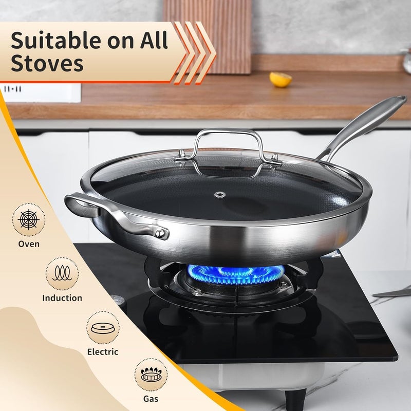 Inqibee 14.5-Inch Hybrid Ceramic Nonstick Tri-Ply Stainless Steel Frying Pan with Lid, Large Skillet,Induction Chef's Cooking Pan,Dishwasher and Oven Safe - Image 3