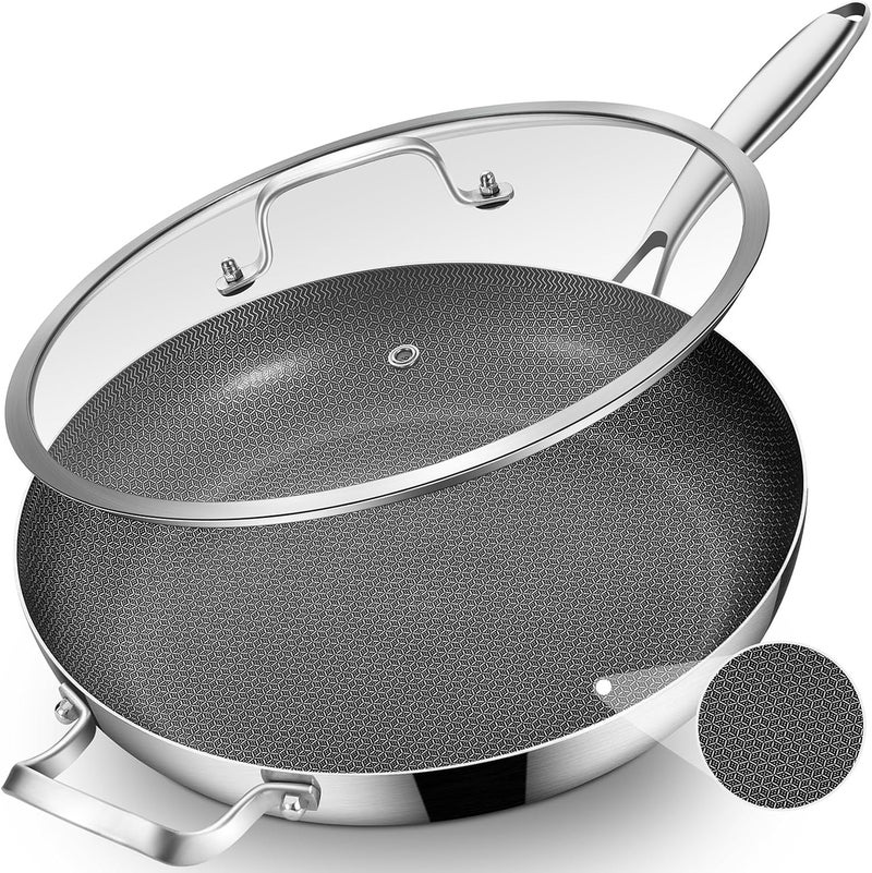 Inqibee 14.5-Inch Hybrid Ceramic Nonstick Tri-Ply Stainless Steel Frying Pan with Lid, Large Skillet,Induction Chef's Cooking Pan,Dishwasher and Oven Safe - Image 1