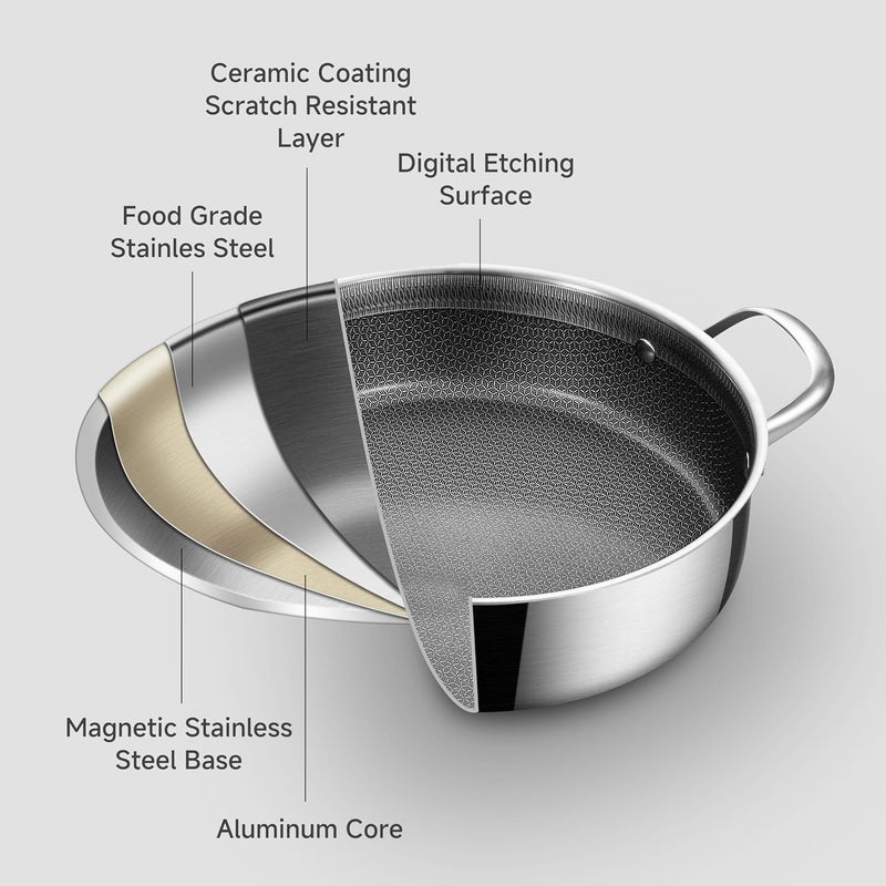 Inqibee 14.5-Inch Hybrid Ceramic Nonstick Tri-Ply Stainless Steel Frying Pan with Lid, Large Skillet,Induction Chef's Cooking Pan,Dishwasher and Oven Safe - Image 2