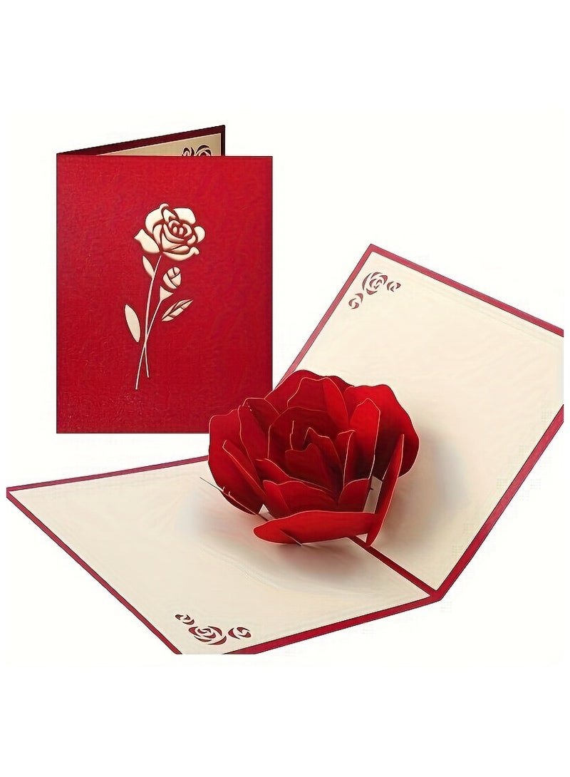 مجموعة بطاقات معايدة ثلاثية الأبعاد على شكل وردة حمراء - بطاقات أنيقة لأعياد الميلاد/الذكرى السنوية/عيد الحب مع مظاريف بيضاء - مثالية له ولها وللأطفال - هدية لعيد الأم/الزفاف/بطاقات شكر - Image 1