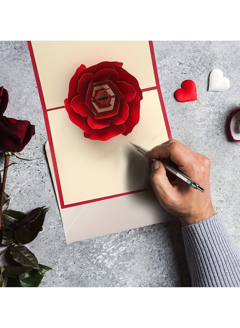 مجموعة بطاقات معايدة ثلاثية الأبعاد على شكل وردة حمراء - بطاقات أنيقة لأعياد الميلاد/الذكرى السنوية/عيد الحب مع مظاريف بيضاء - مثالية له ولها وللأطفال - هدية لعيد الأم/الزفاف/بطاقات شكر - Image 3