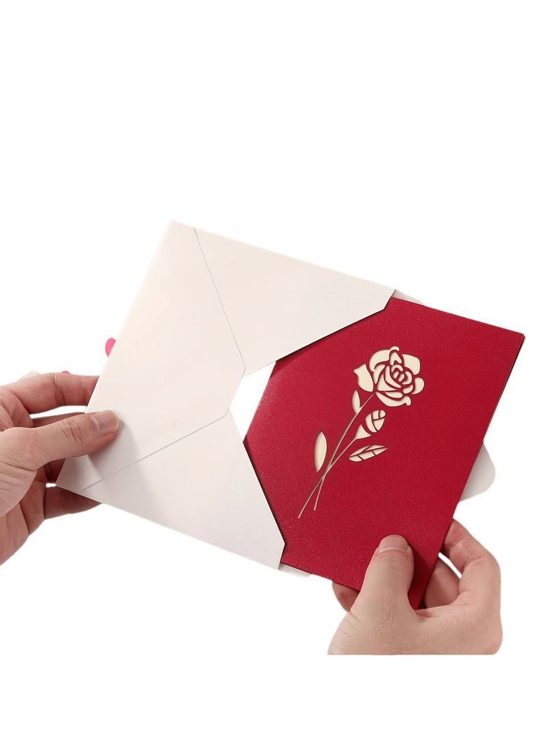 مجموعة بطاقات معايدة ثلاثية الأبعاد على شكل وردة حمراء - بطاقات أنيقة لأعياد الميلاد/الذكرى السنوية/عيد الحب مع مظاريف بيضاء - مثالية له ولها وللأطفال - هدية لعيد الأم/الزفاف/بطاقات شكر - Image 2