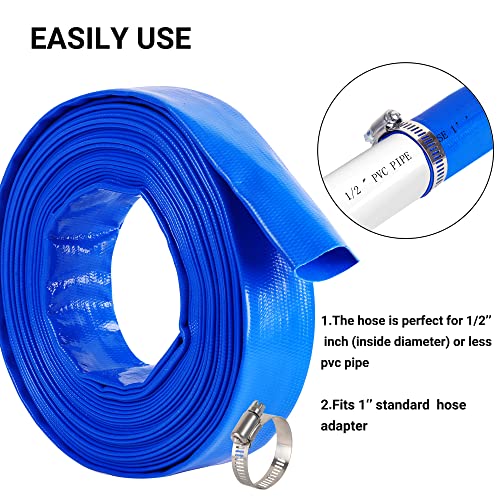 Geowaky 1" x 50 FT Pool Backwash Hose, Blue Heavy Duty Reinforced PVC Lay Flat Water Discharge Hose for Swimming Pool Filter Pump,with 2 Clamp - Image 5