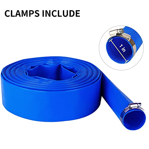Geowaky 1" x 50 FT Pool Backwash Hose, Blue Heavy Duty Reinforced PVC Lay Flat Water Discharge Hose for Swimming Pool Filter Pump,with 2 Clamp - Image 4