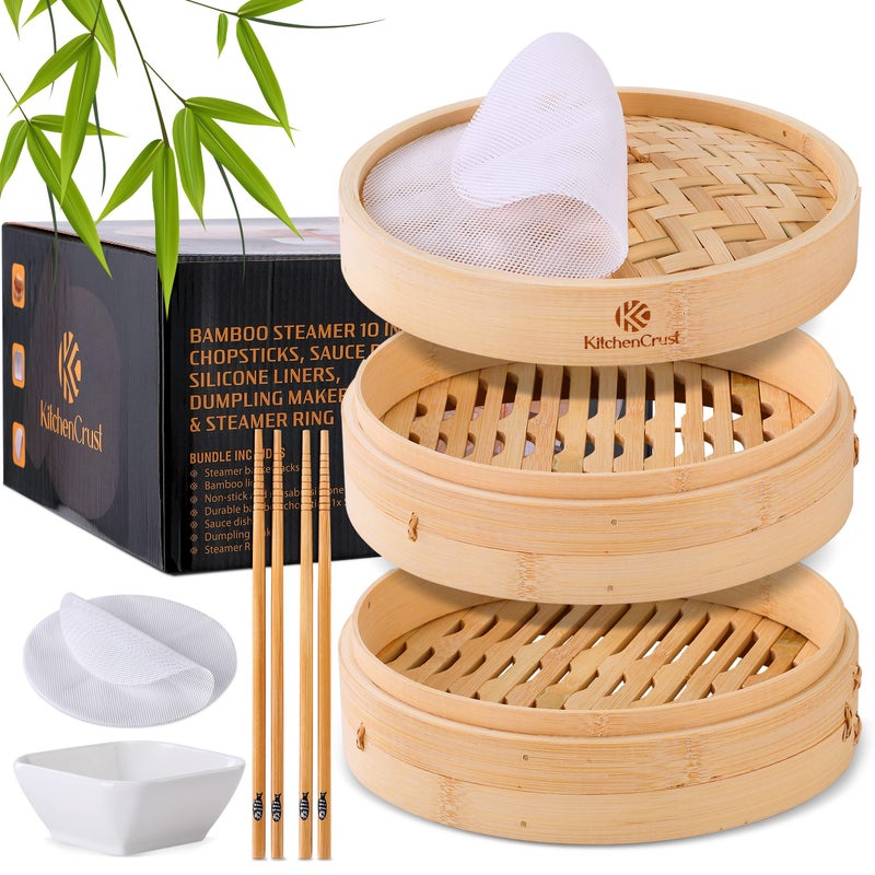 KITCHENCRUST Bamboo Steamer Basket for Chinese Asian Cuisine - 2 Tier 10-Inch Steaming Basket Bun Vegetable bao bun Steamer, bamboo steam basket, Sauce Dish, Chopsticks, Reusable Liners - Image 1