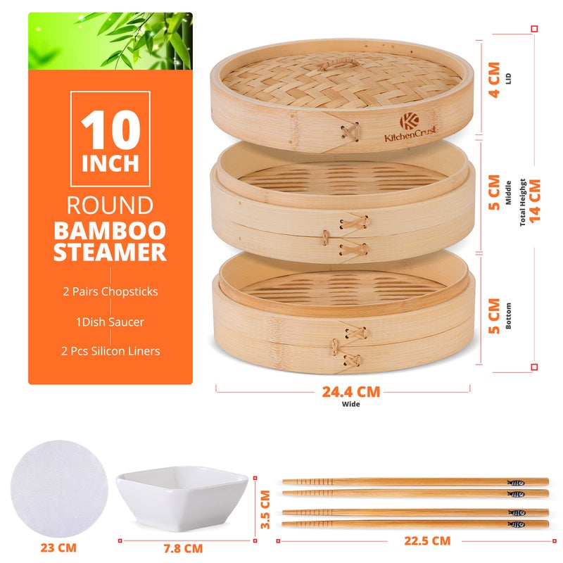 KITCHENCRUST Bamboo Steamer Basket for Chinese Asian Cuisine - 2 Tier 10-Inch Steaming Basket Bun Vegetable bao bun Steamer, bamboo steam basket, Sauce Dish, Chopsticks, Reusable Liners - Image 2