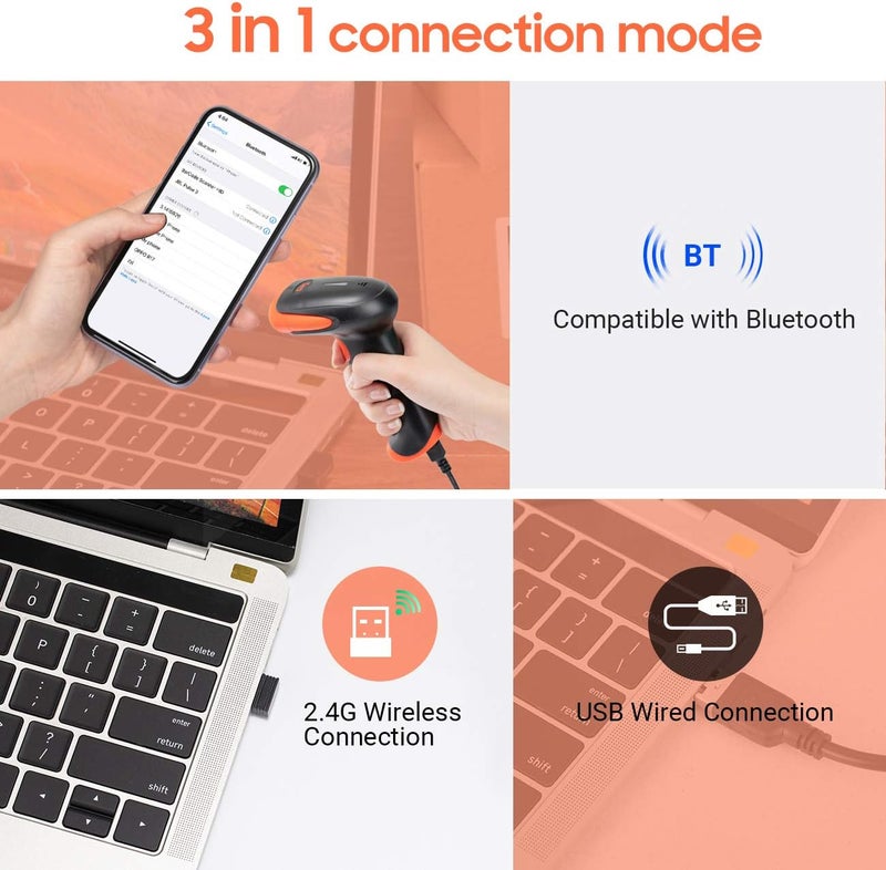 Tera Wireless 2D QR Barcode Scanner with Stand, 3 in 1 Compatible with Bluetooth & 2.4GHz Wireless & USB Wired Barcode Reader Handheld Bar Code Reader HW0001 - Image 2
