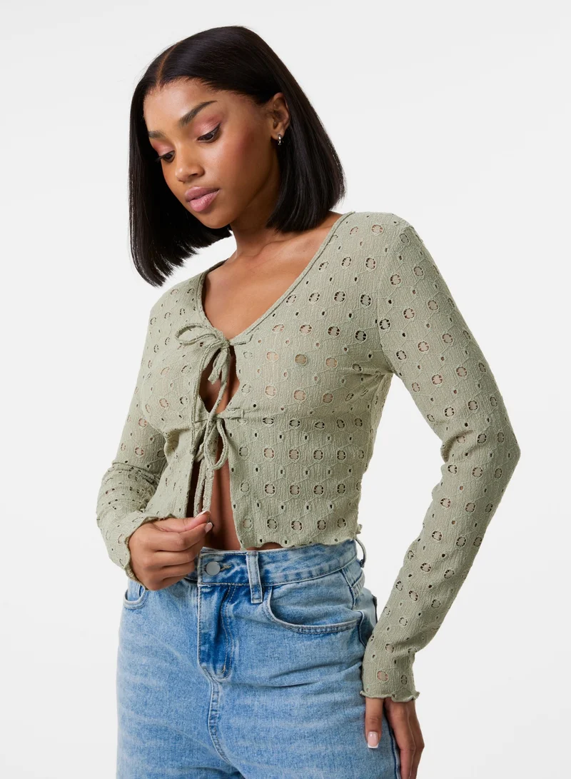 Pink Vanilla Tie Front Cutwork Cardigan