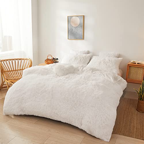 FOPPA Luxury Faux Fur Comforter Cover Set Ultra Soft Plush Bedding Sets 3 Pieces (1 Faux Fur Duvet Cover + 2 Faux Fur Pillow case) Zipper (White, Queen) - Image 2