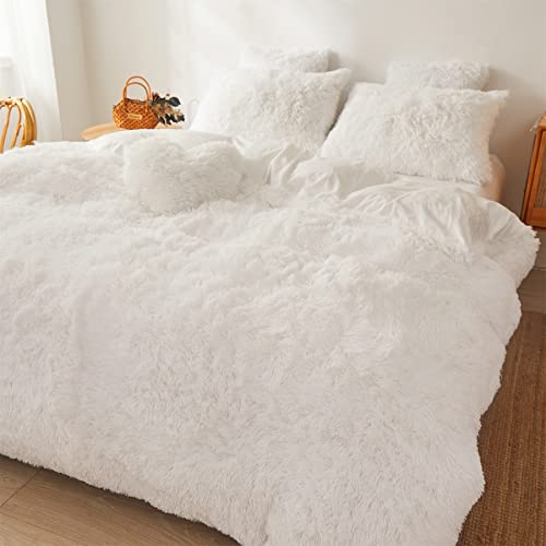 FOPPA Luxury Faux Fur Comforter Cover Set Ultra Soft Plush Bedding Sets 3 Pieces (1 Faux Fur Duvet Cover + 2 Faux Fur Pillow case) Zipper (White, Queen) - Image 3