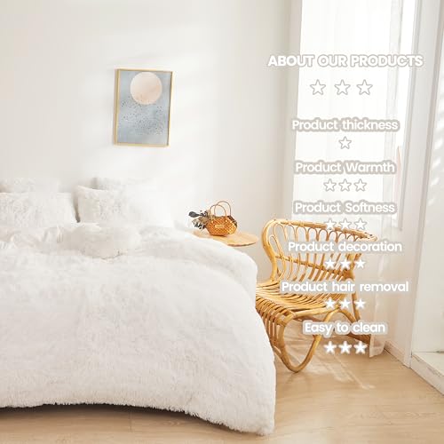 FOPPA Luxury Faux Fur Comforter Cover Set Ultra Soft Plush Bedding Sets 3 Pieces (1 Faux Fur Duvet Cover + 2 Faux Fur Pillow case) Zipper (White, Queen) - Image 5