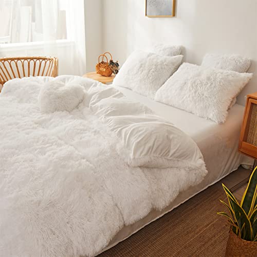 FOPPA Luxury Faux Fur Comforter Cover Set Ultra Soft Plush Bedding Sets 3 Pieces (1 Faux Fur Duvet Cover + 2 Faux Fur Pillow case) Zipper (White, Queen) - Image 4