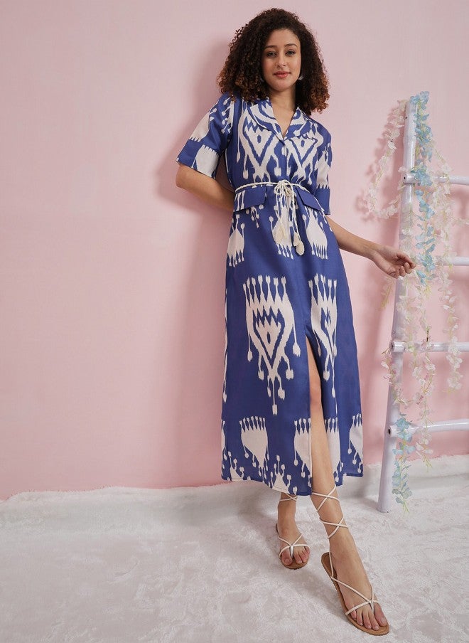 Athena فستان ميدي A-Line مزين بنقوش عرقية زرقاء للنساء - Image 5