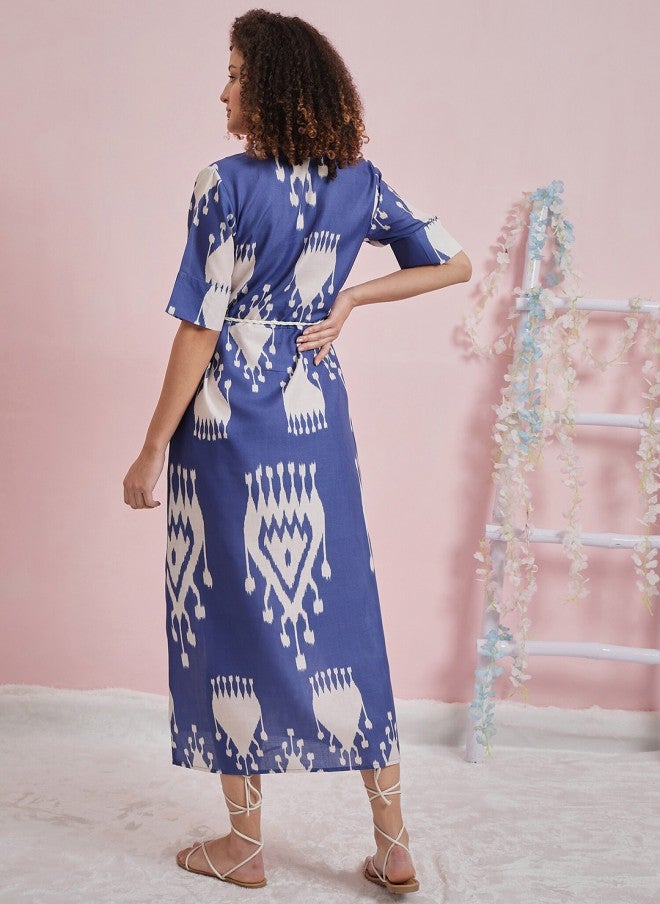 Athena فستان ميدي A-Line مزين بنقوش عرقية زرقاء للنساء - Image 4