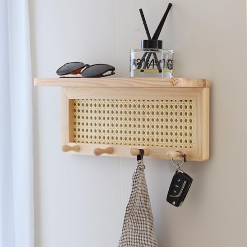FRIADE PE Rattan Key Holder with 4 Key Hooks Wall Mounted Decorative Floating Shelf for EntrywayNurseryMudroom Hallway Office Burlywood - Image 3