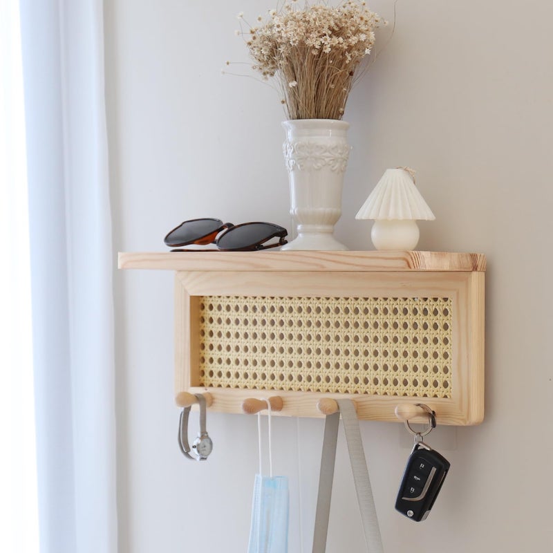 FRIADE PE Rattan Key Holder with 4 Key Hooks Wall Mounted Decorative Floating Shelf for EntrywayNurseryMudroom Hallway Office Burlywood - Image 2