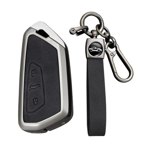 KUNIO Smart Car Key Fob Cover Case Fit for VW ID.4 ID.3 MK8 Golf GTI 2025 Seat Leon MK4 Skoda Octavia 2024 Zinc Alloy and PU Leather Key Holder 3 Button Key Chain Car Accessories Black-Long Keychain - Image 1