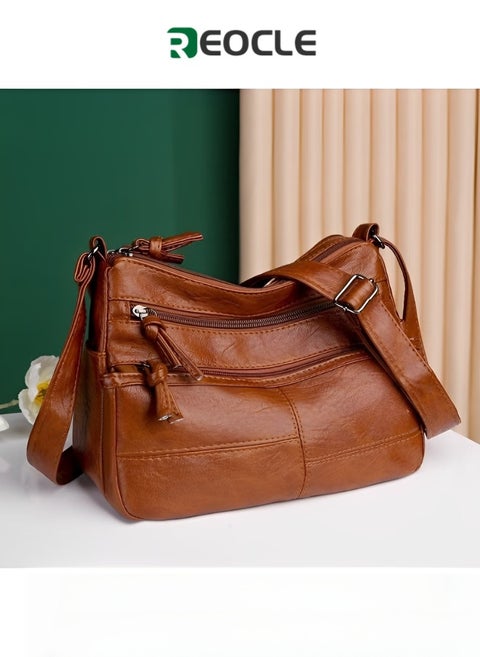 حقيبة كتف نسائية من الجلد الناعم من البولي يوريثين مع حقيبة يد خفيفة الوزن ومقبض علوي متعدد الجيوب