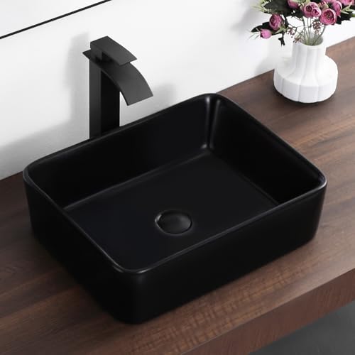 KARAMAG Black Vessel Sink,Rectangle 19"x15" Bathroom Sink Above Counter Porcelain Ceramic Small Sink Bowl Ceramic Vessel Sinks for Bathrooms - Image 1