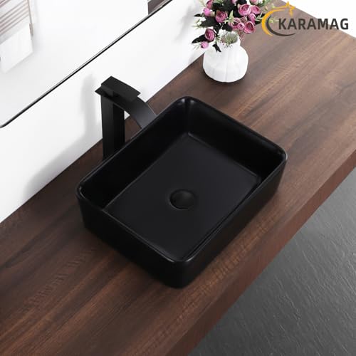 KARAMAG Black Vessel Sink,Rectangle 19"x15" Bathroom Sink Above Counter Porcelain Ceramic Small Sink Bowl Ceramic Vessel Sinks for Bathrooms - Image 3