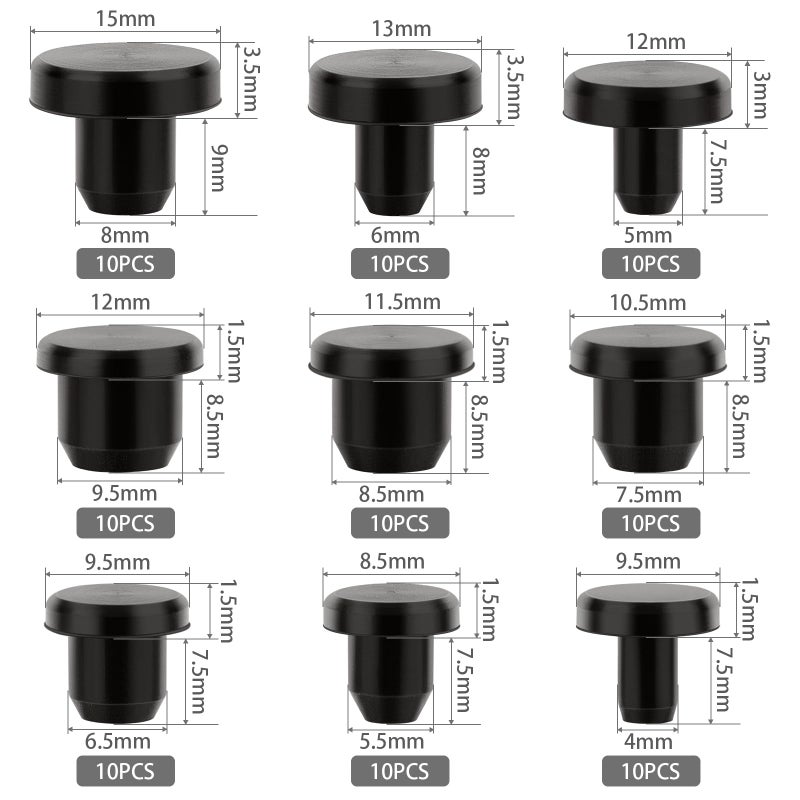 Ofiswadi 90 Pcs Silicone Rubber Hole Plugs - Assorted Sizes 4-9.5mm, Durable Round Rubber Stopper Plugs for Holes, Waterproof Black Silicone Plugs Set for Bottles, Pipes, and Test Tubes (90) - Image 2