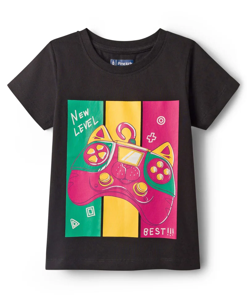 Pine Kids Pine Kids Cotton Knit Half Sleeves T-Shirt with Controller Print - Black