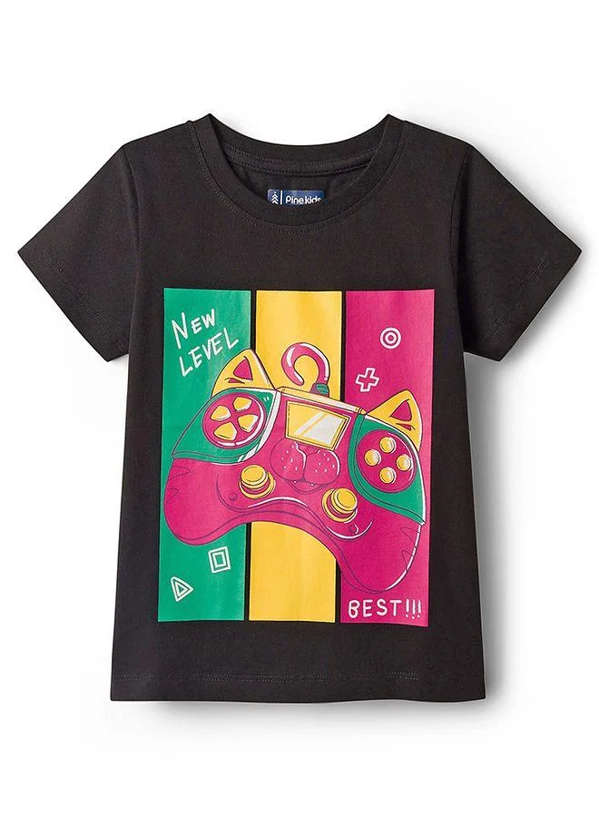 Pine Kids Pine Kids Cotton Knit Half Sleeves T-Shirt with Controller Print - Black