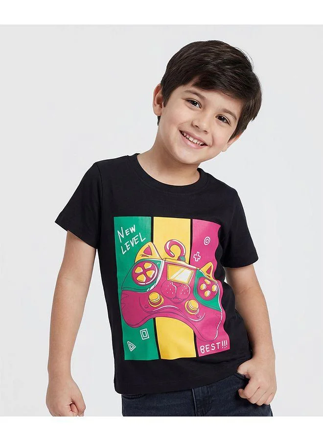 Pine Kids Pine Kids Cotton Knit Half Sleeves T-Shirt with Controller Print - Black