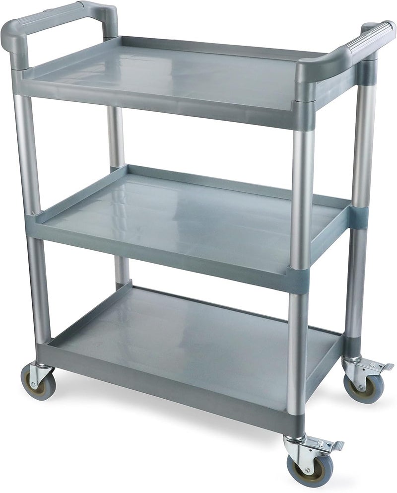 New Star Foodservice New Star Foodservice 54545 250Pound Plastic 3Tier Utility Bus Cart with Locking Casters 32 x 16 x 38 Gray 