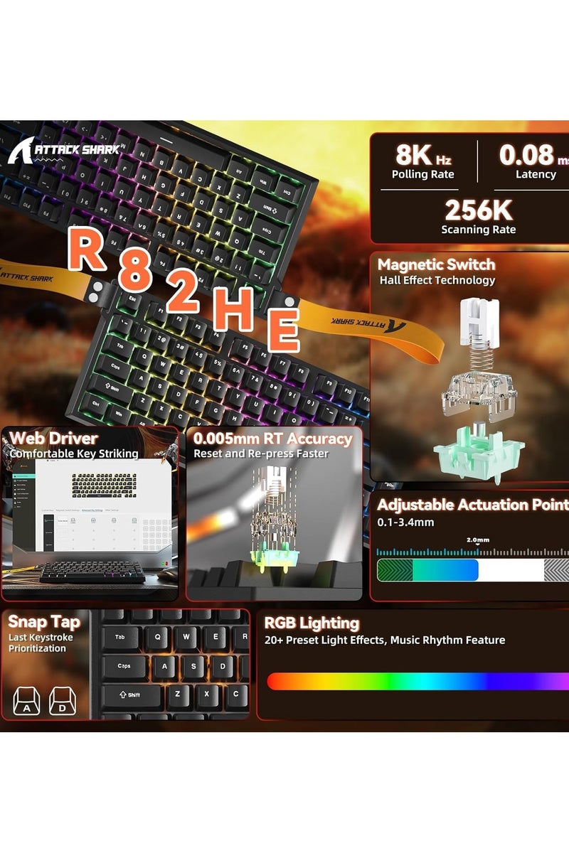 Attack Shark R82 HE Rapid Trigger Wired Mechanical Gaming Keyboard TKL NKRO with 8K Polling,0.005mm RT Accuracy,256K Scan Rate,5 Layer Sound Damped,Hall Effect Magnetic Switch,Driver for PC Mac(Black) - Image 2