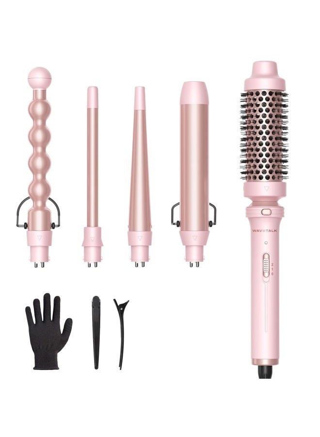 Wavytalk 5 in 1 Curling Iron,Curling Wand Set with Curling Brush and 4 Interchangeable Ceramic Curling Wand(0.5”-1.25”),Instant Heat Up,Include Heat Protective Glove & 2 Clips (Pink) - Image 1