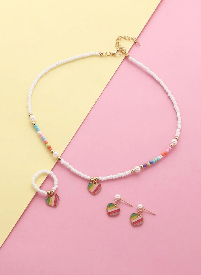 Take Two Girls Multi-Color Rainbow Heart Charm Beaded Necklace, Ring and Earrings Set
