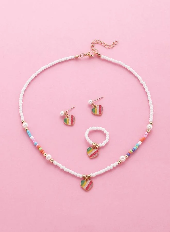 Take Two Girls Multi-Color Rainbow Heart Charm Beaded Necklace, Ring and Earrings Set