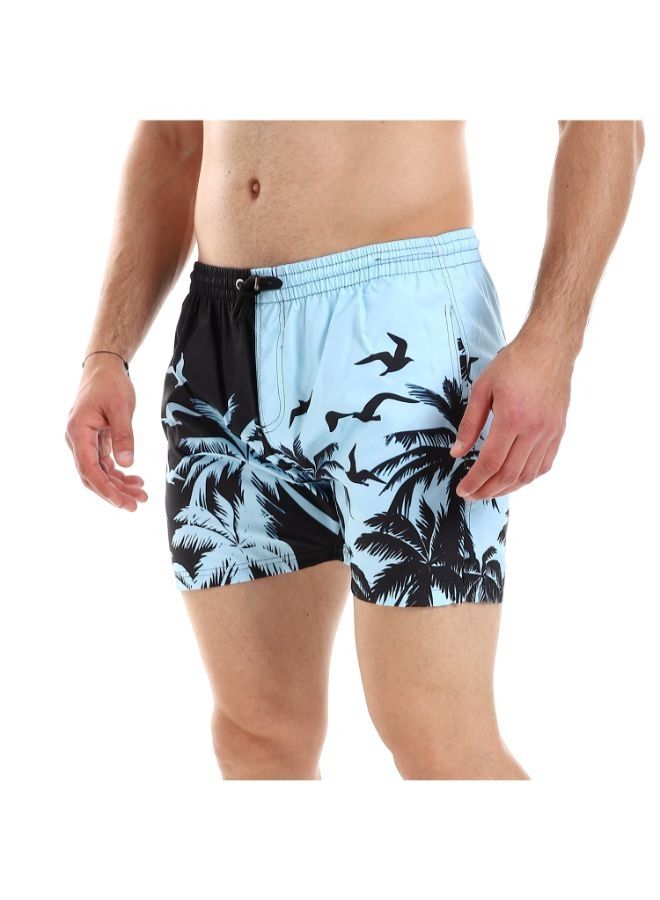 Pavone Birds & Palms Elastic Waist with Drawstring Self Patterned Swim Short -Multicolor - Image 2