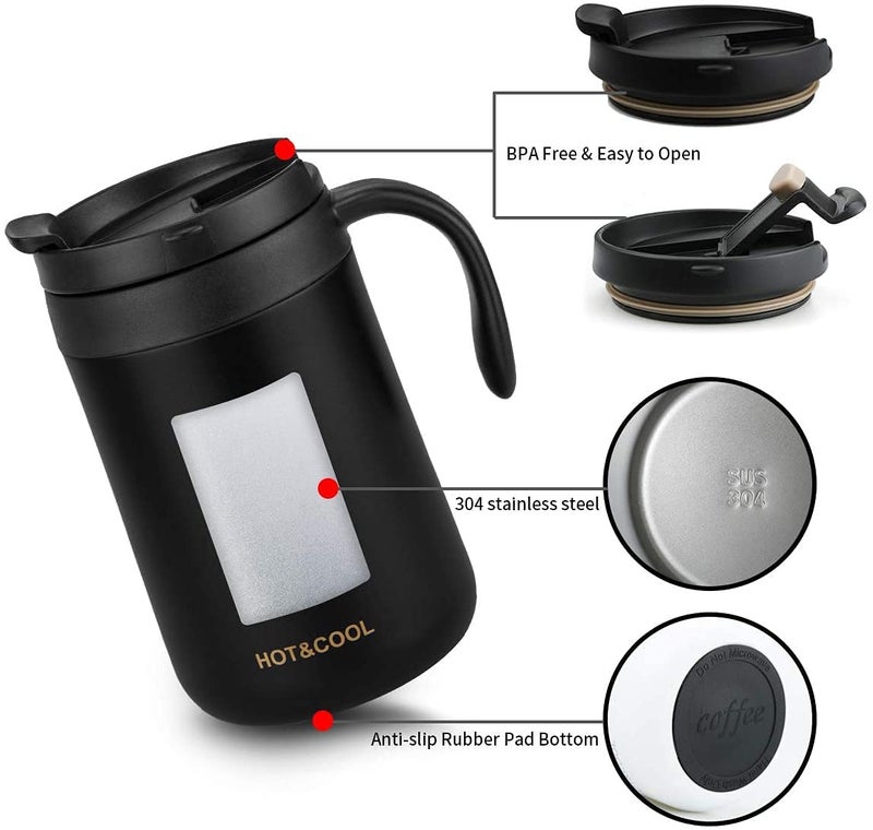 SIYANSHU Insulated Coffee Mug with Lid Travel Coffee Mug with Handle- Double Wall Vacuum Insulated Stainless Steel Mug for Daily Drinks | BPA Free | Press-in Lid (500 ML, Black) - Image 2