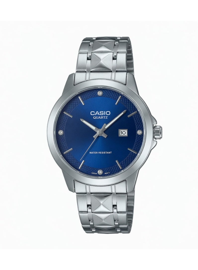 Casio Men's Analog Watch - Blue Dial with Crystal Accents, Textured Stainless Steel Band - MTP-V004D-2C