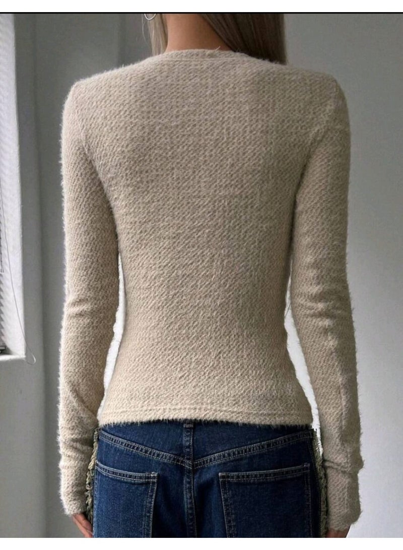 دازي تي شيرت DAZY سادة برقبة مستديرة وأكمام طويلة للنساء - Image 4