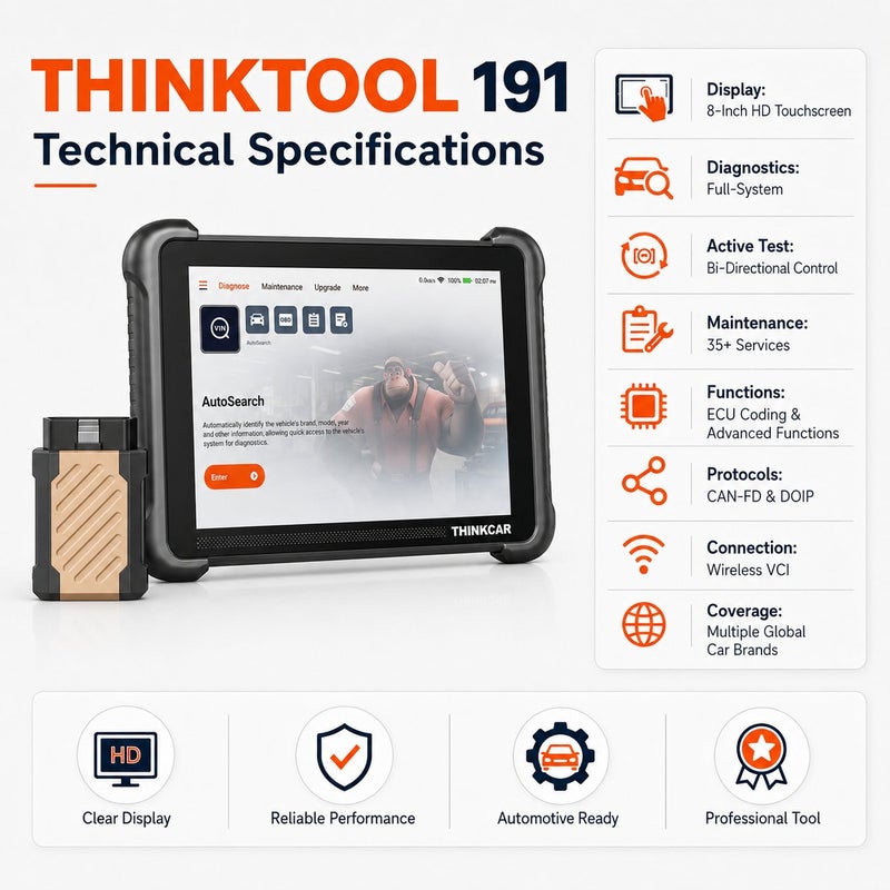 THINKCAR THINKTOOL 191 8-Inch Bi-Directional Diagnostic Scanner With TCOS, CAN-FD, DoIP, ECU Coding And 35 Maintenance Functions - Image 4