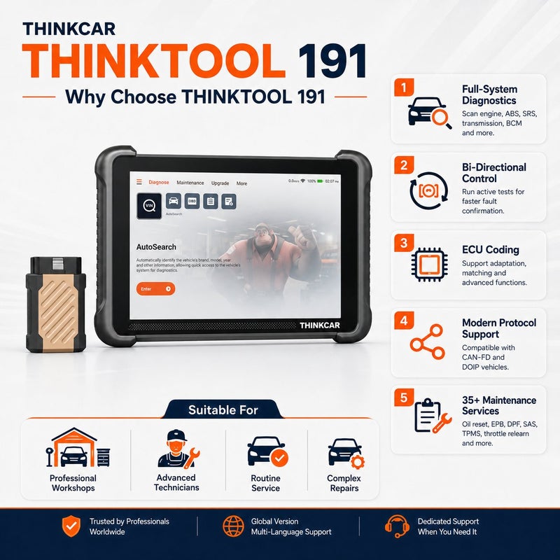 THINKCAR THINKTOOL 191 8-Inch Bi-Directional Diagnostic Scanner With TCOS, CAN-FD, DoIP, ECU Coding And 35 Maintenance Functions - Image 2