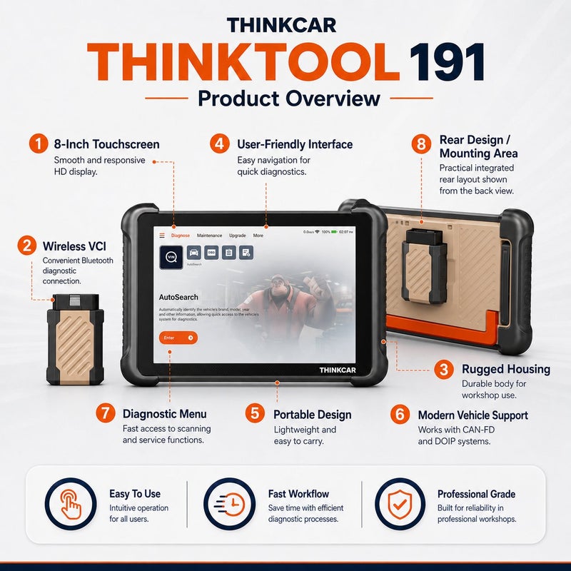 THINKCAR THINKTOOL 191 8-Inch Bi-Directional Diagnostic Scanner With TCOS, CAN-FD, DoIP, ECU Coding And 35 Maintenance Functions - Image 3
