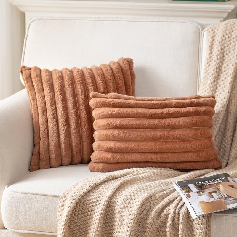DEELAND Pack of 2 Double-Sided Faux Fur Plush Decorative Throw Pillow Covers Fuzzy Striped Soft Pillowcase Cushion Covers for Sofa Couch Bedroom Brown 12x20 inch - Image 2