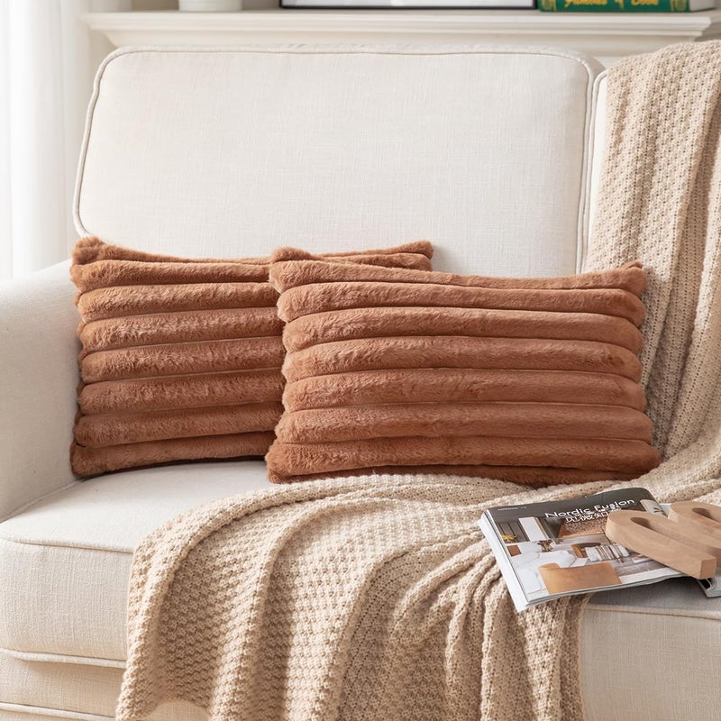 DEELAND Pack of 2 Double-Sided Faux Fur Plush Decorative Throw Pillow Covers Fuzzy Striped Soft Pillowcase Cushion Covers for Sofa Couch Bedroom Brown 12x20 inch - Image 1