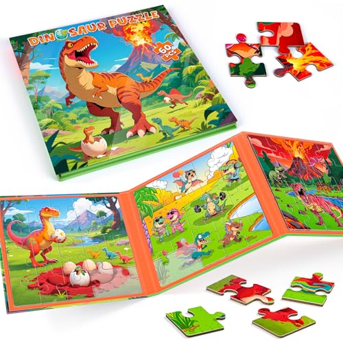 JUANCHI 3x20 Pieces Magnetic Puzzles for Toddlers 35 The Growth Journey of Dinosaurs 3 in 1 Puzzles for Kids Ages 46 Car Airplane Road Trip Activities Toys for 3 4 5 6 Year Old Birthday - Image 1
