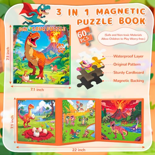 JUANCHI 3x20 Pieces Magnetic Puzzles for Toddlers 35 The Growth Journey of Dinosaurs 3 in 1 Puzzles for Kids Ages 46 Car Airplane Road Trip Activities Toys for 3 4 5 6 Year Old Birthday - Image 5