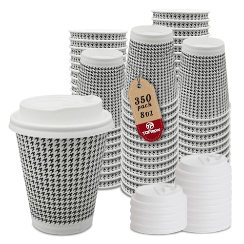 TOPtoper 350 Pack 8 oz Insulated Disposable Coffee Cups with Lids, Double Wall Corrugated Paper Hot Cups Bulk To Go Disposable Cups for Hot Beverage or Cold Drinks Ideal for Cafes - Image 1