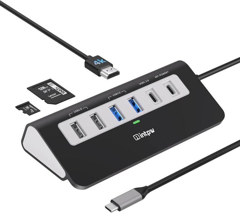 intpw P9 USB C Hub, INTPW 9-in-1 USB Multiport Adapter with 4K HDMI, PD 100W, USB-C and 2 USB A 3.0 5Gbps, 2 USB A 2.0, SD/TF Card Reader, Aluminum Powered USB Hub for PC, iPhone 16/15 Series, MacBook, iPad - Image 1